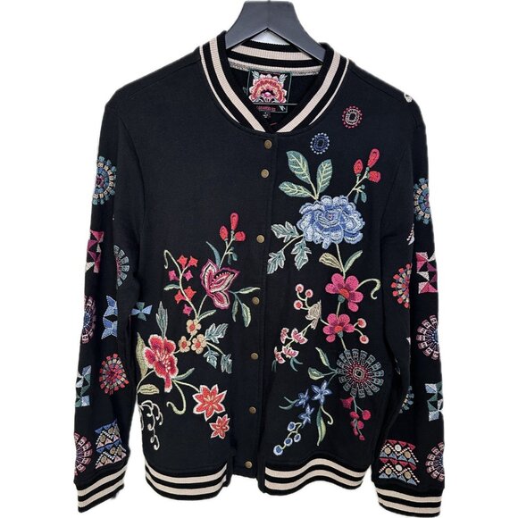 JOHNNY WAS Black French Terry Bomber Jacket Embroidered Boho Small Boho - Picture 2 of 10